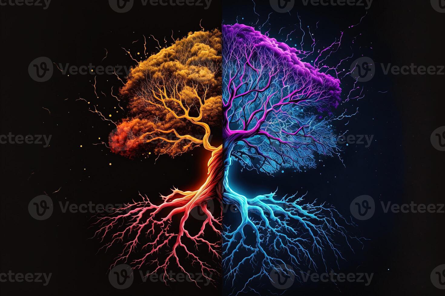 Neurons, synapses, bright colors, lightning bolts, stars, linkedin colors, splash elements. Brain neurons and electrical signals, branching dendrites, concept. photo