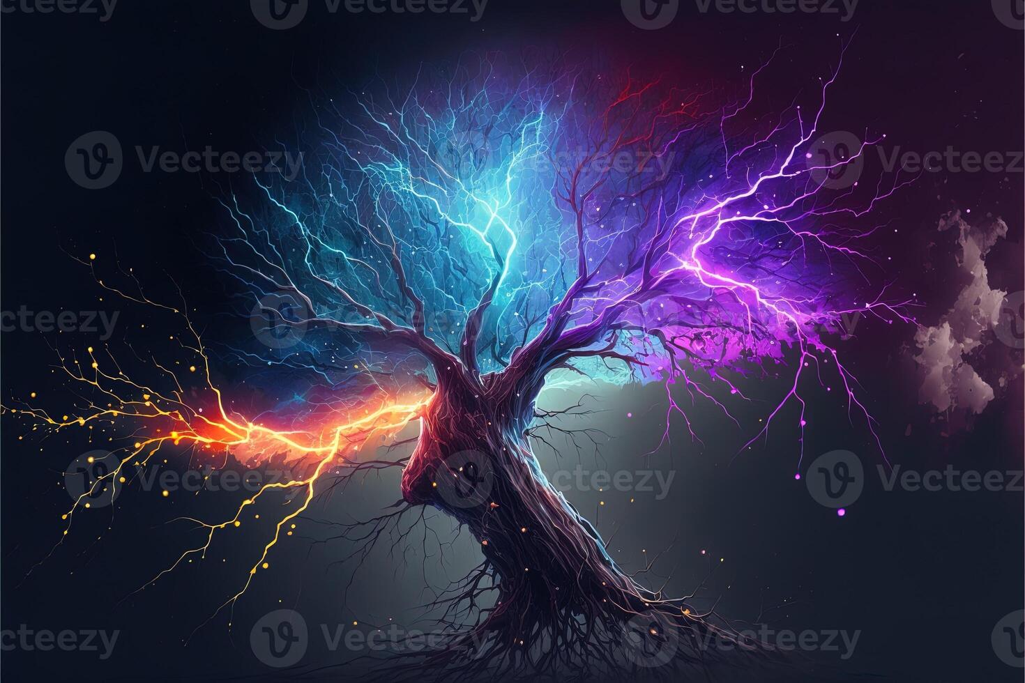 Neurons, synapses, bright colors, lightning bolts, stars, linkedin colors, splash elements. Brain neurons and electrical signals, branching dendrites, concept. photo