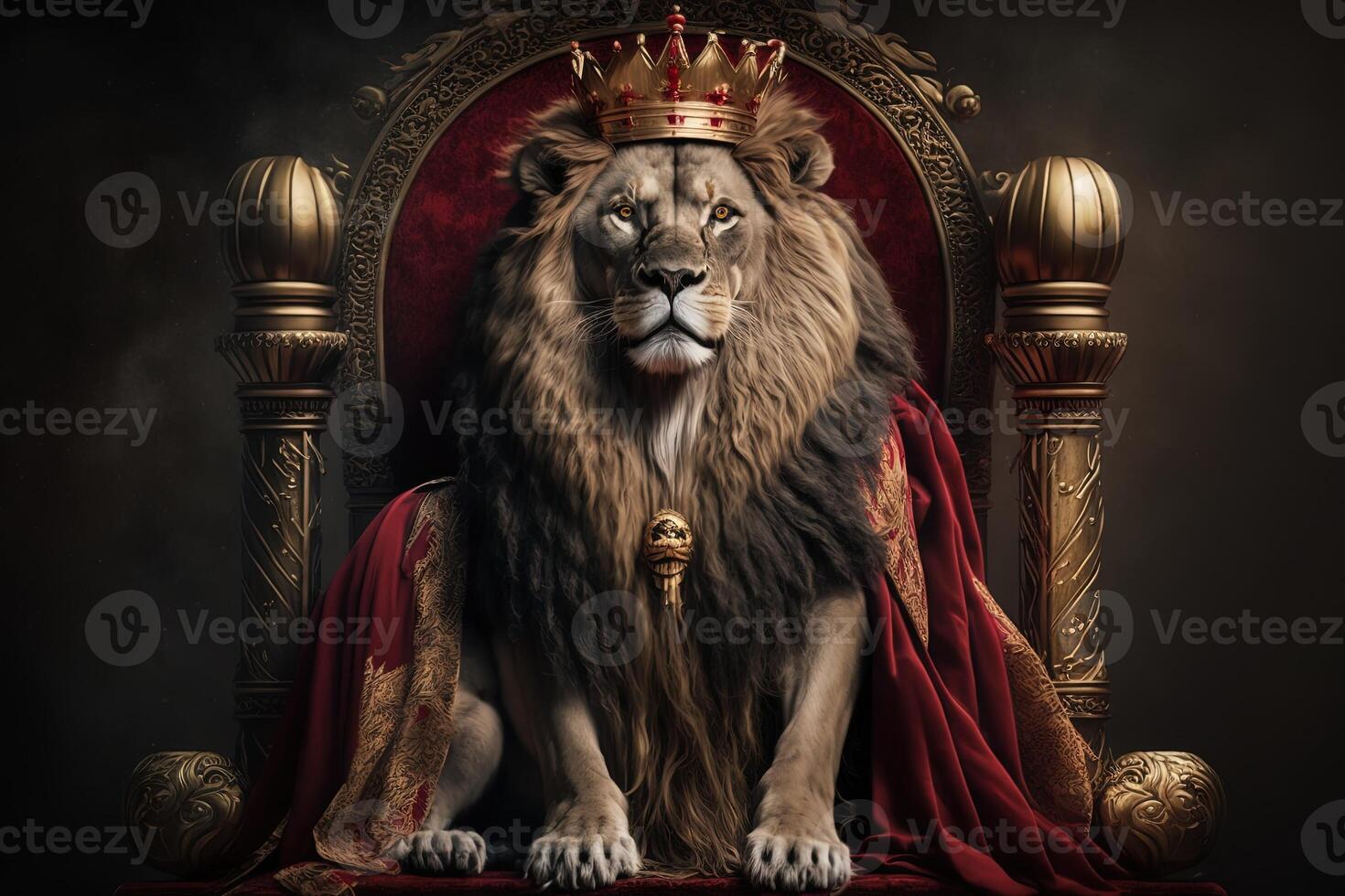 Royal lion wearing a gold crown and red cloak sitting on a golden and red throne. Golden shining king of beasts lion on a royal golden throne. illustration photo