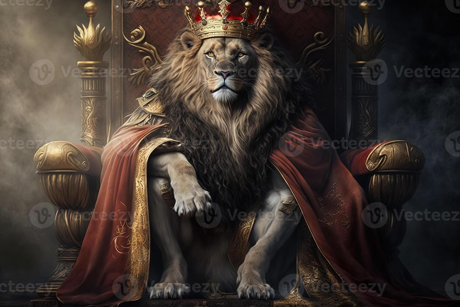 Royal lion wearing a gold crown and red cloak sitting on a golden and red throne. Golden shining king of beasts lion on a royal golden throne.AI generative illustration photo