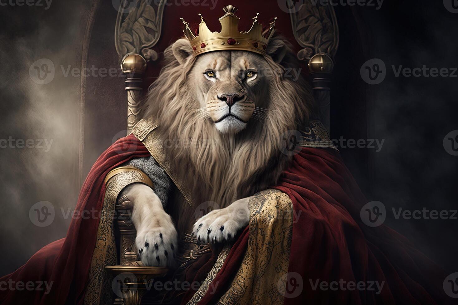 Royal lion wearing a gold crown and red cloak sitting on a golden and red throne. Golden shining king of beasts lion on a royal golden throne. illustration photo