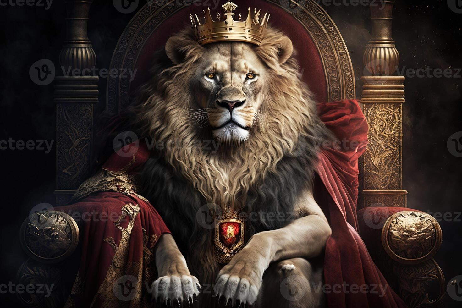 Royal lion wearing a gold crown and red cloak sitting on a golden and red throne. Golden shining king of beasts lion on a royal golden throne. illustration photo