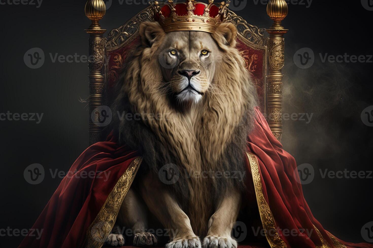 Royal lion wearing a gold crown and red cloak sitting on a golden and red throne. Golden shining king of beasts lion on a royal golden throne. illustration photo