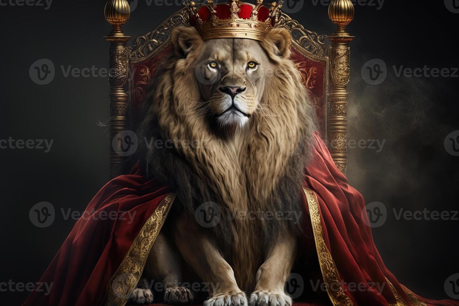 real león vistiendo un oro corona y rojo capa sentado en un dorado y rojo trono. dorado brillante Rey de ganado león en un real dorado trono.ai generativo ilustración foto