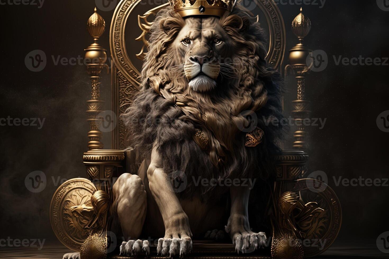 Royal lion wearing a gold crown and red cloak sitting on a golden and red throne. Golden shining king of beasts lion on a royal golden throne. illustration photo