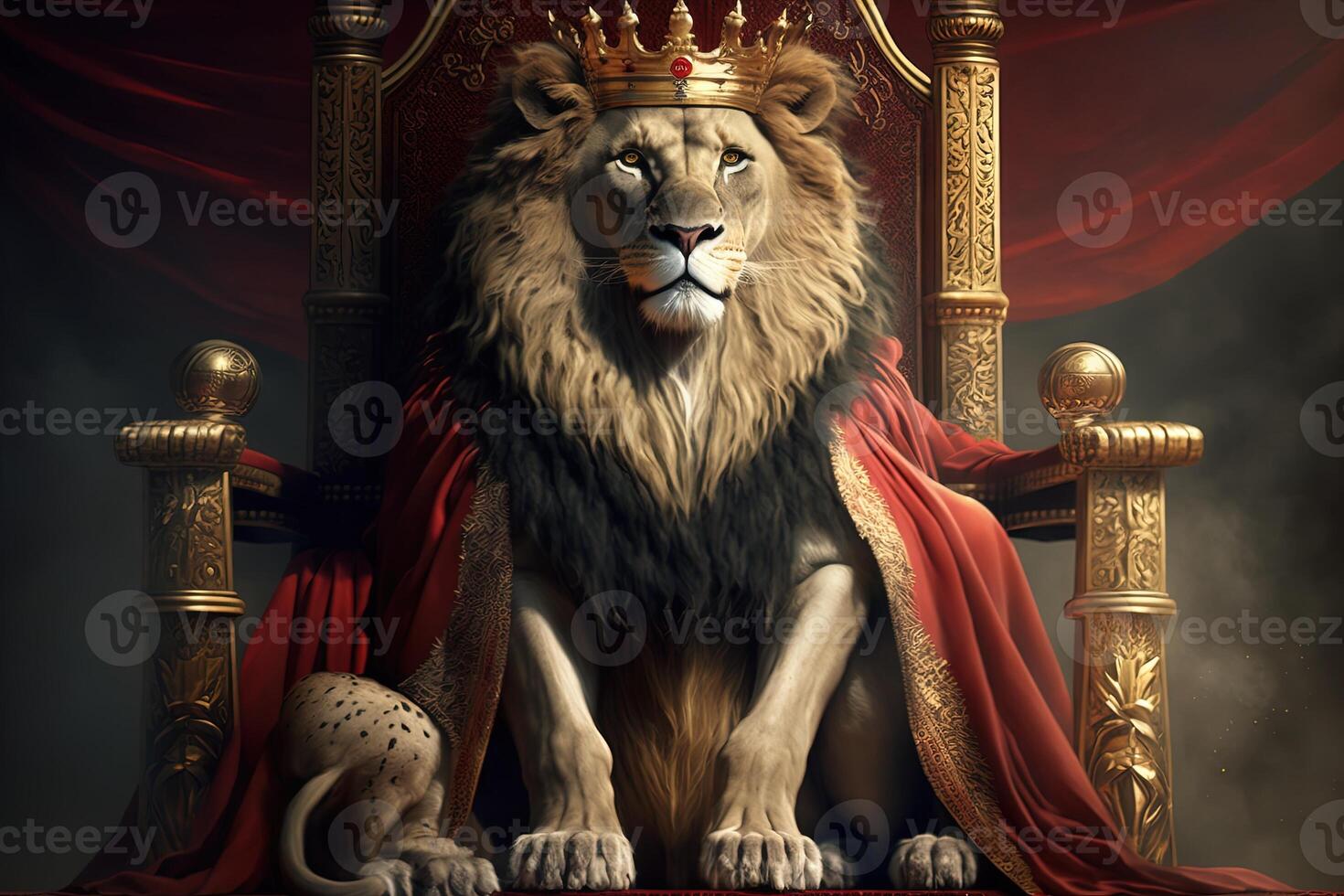 Royal lion wearing a gold crown and red cloak sitting on a golden and red throne. Golden shining king of beasts lion on a royal golden throne. illustration photo