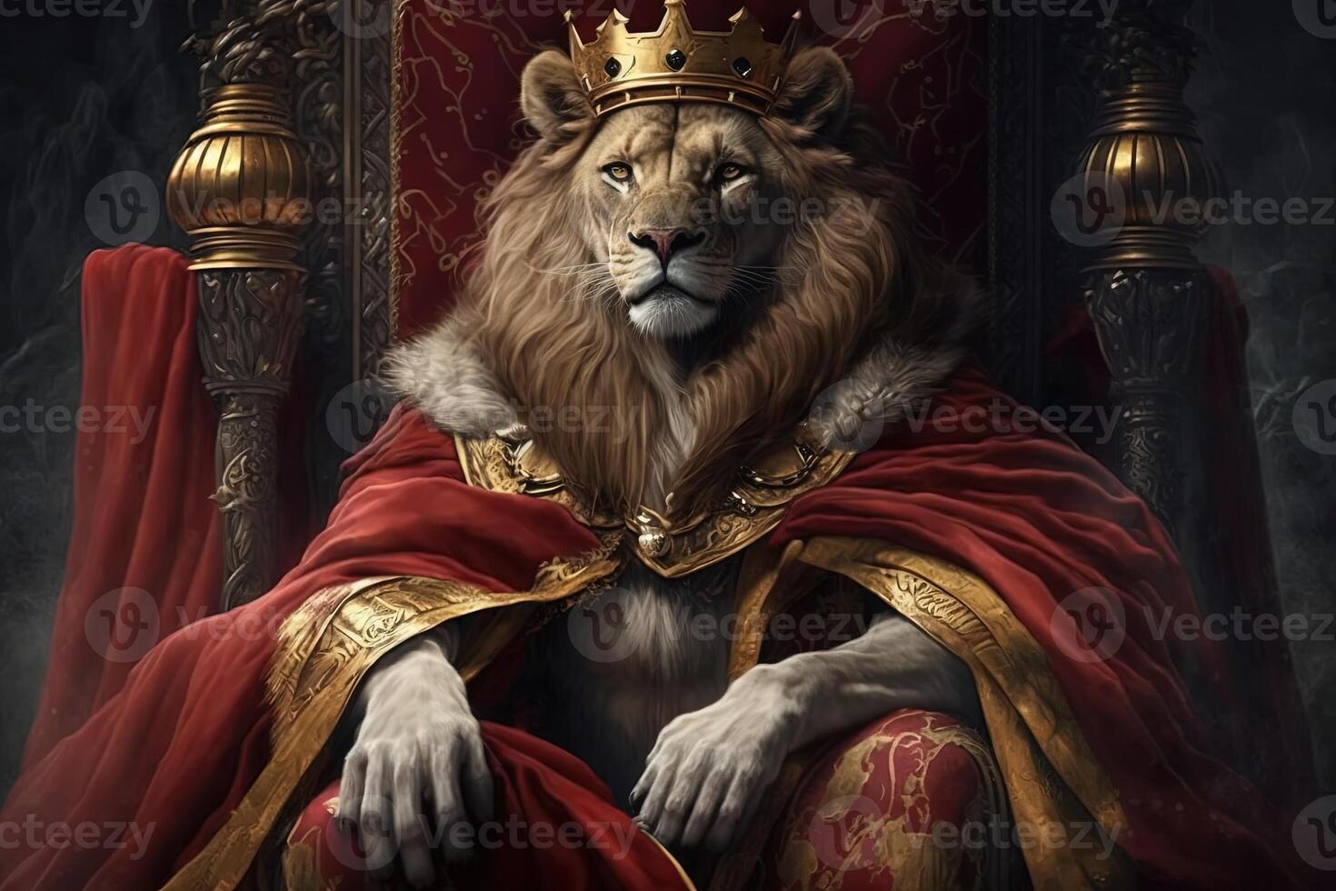 Royal lion wearing a gold crown and red cloak sitting on a golden and red throne. Golden shining king of beasts lion on a royal golden throne. illustration photo