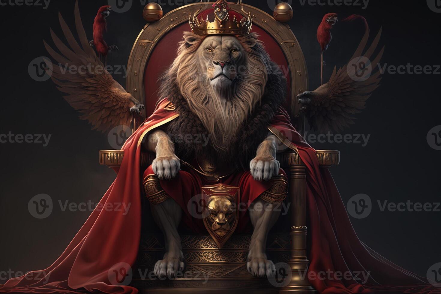 Royal lion wearing a gold crown and red cloak sitting on a golden and red throne. Golden shining king of beasts lion on a royal golden throne. illustration photo