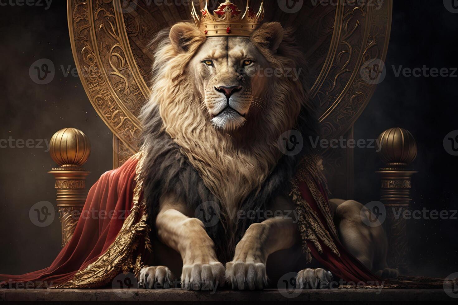 Royal lion wearing a gold crown and red cloak sitting on a golden and red throne. Golden shining king of beasts lion on a royal golden throne. illustration photo