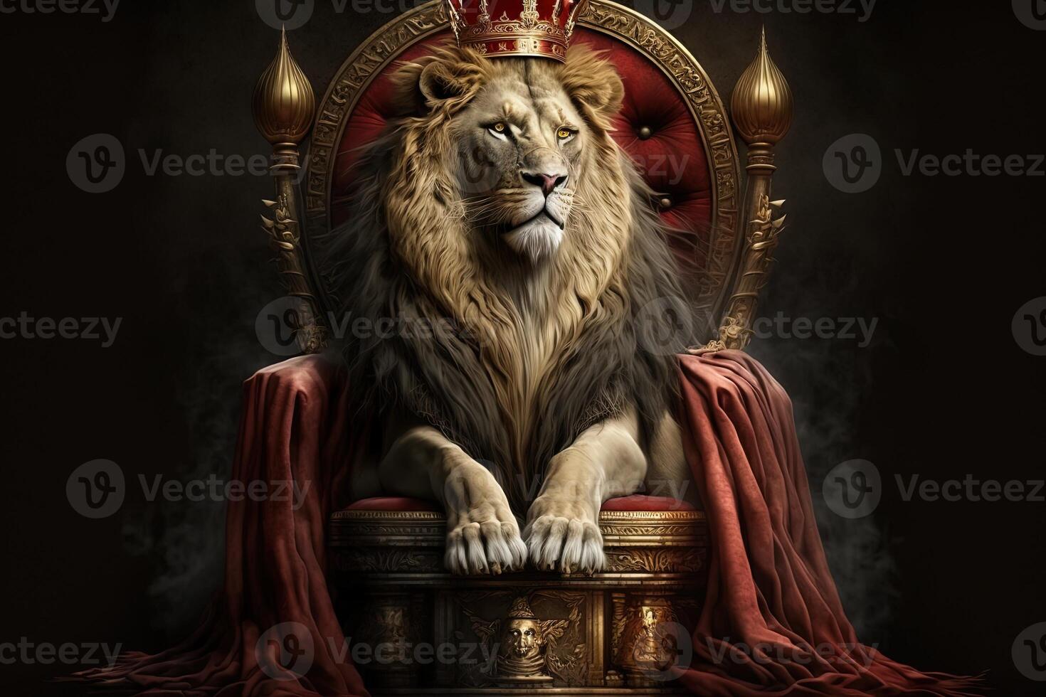 Royal lion wearing a gold crown and red cloak sitting on a golden and red throne. Golden shining king of beasts lion on a royal golden throne. illustration photo