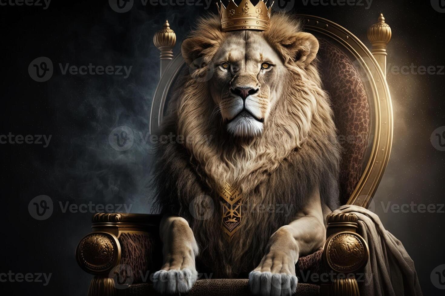 Royal lion wearing a gold crown and red cloak sitting on a golden and red throne. Golden shining king of beasts lion on a royal golden throne. illustration photo
