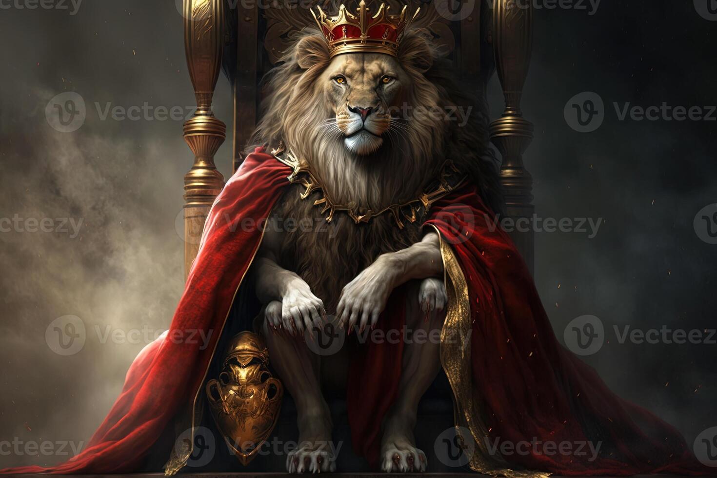 Royal lion wearing a gold crown and red cloak sitting on a golden and red throne. Golden shining king of beasts lion on a royal golden throne. illustration photo