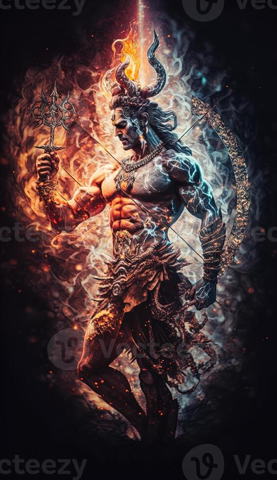 Hindu god Shiva, Colorful indian hindu God Shiva hand holding Trident. God Shiva epic pose with trishula, magic in hand for t-shirt print, poster - Hindu religious art. photo
