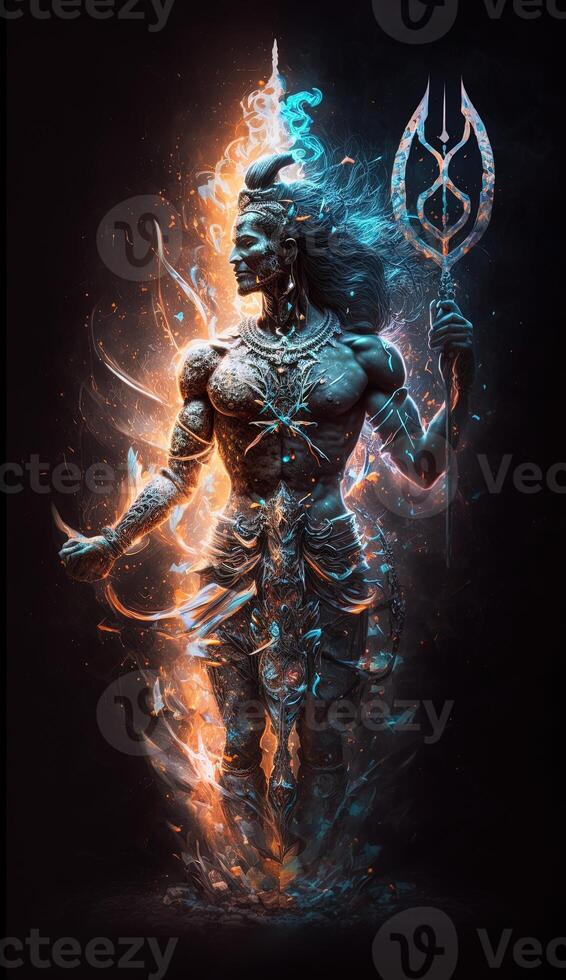 Hindu god Shiva, Colorful indian hindu God Shiva hand holding Trident. God Shiva epic pose with trishula, magic in hand for t-shirt print, poster - Hindu religious art. photo