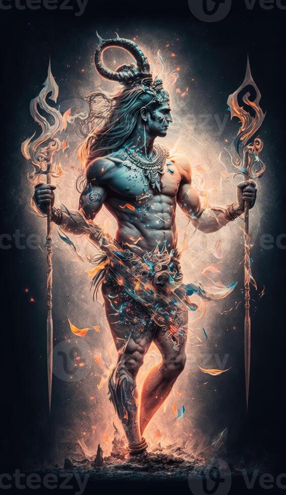 Hindu god Shiva, Colorful indian hindu God Shiva hand holding Trident. God Shiva epic pose with trishula, magic in hand for t-shirt print, poster - Hindu religious art. photo