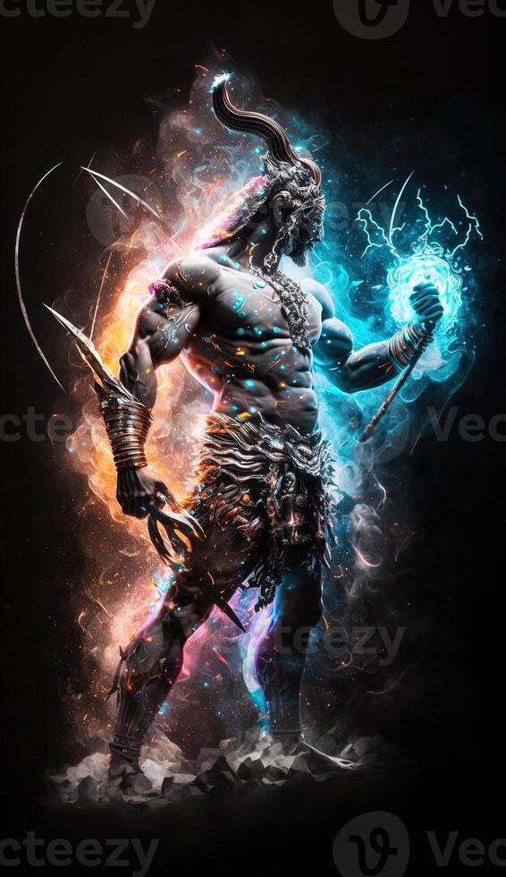 Hindu god Shiva, Colorful indian hindu God Shiva hand holding Trident. God Shiva epic pose with trishula, magic in hand for t-shirt print, poster - Hindu religious art. photo