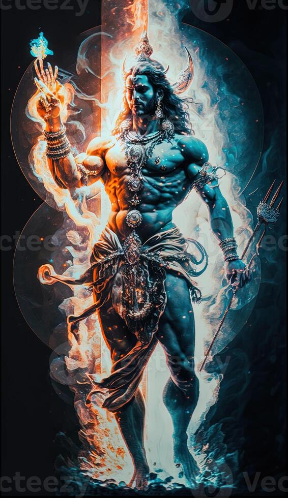 Hindu god Shiva, Colorful indian hindu God Shiva hand holding Trident. God Shiva epic pose with trishula, magic in hand for t-shirt print, poster - Hindu religious art. photo