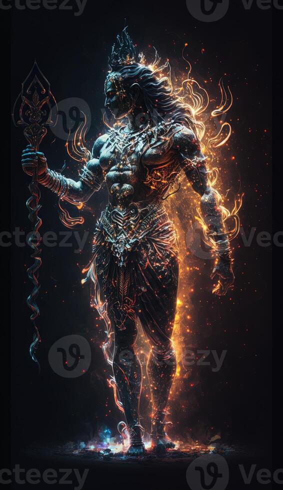 Hindu god Shiva, Colorful indian hindu God Shiva hand holding Trident. God Shiva epic pose with trishula, magic in hand for t-shirt print, poster - Hindu religious art. photo