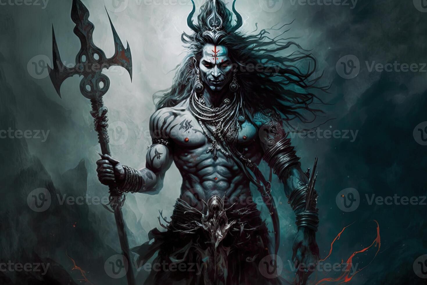 Hindu god Shiva, Colorful indian hindu God Shiva hand holding Trident. God Shiva epic pose with trishula, magic in hand for t-shirt print, poster - Hindu religious art. photo