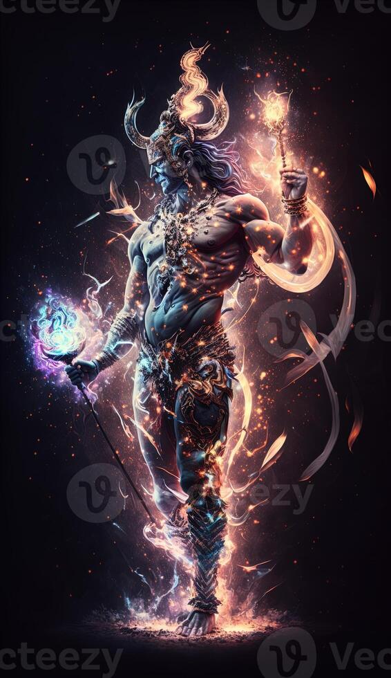 Hindu god Shiva, Colorful indian hindu God Shiva hand holding Trident. God Shiva epic pose with trishula, magic in hand for t-shirt print, poster - Hindu religious art. photo