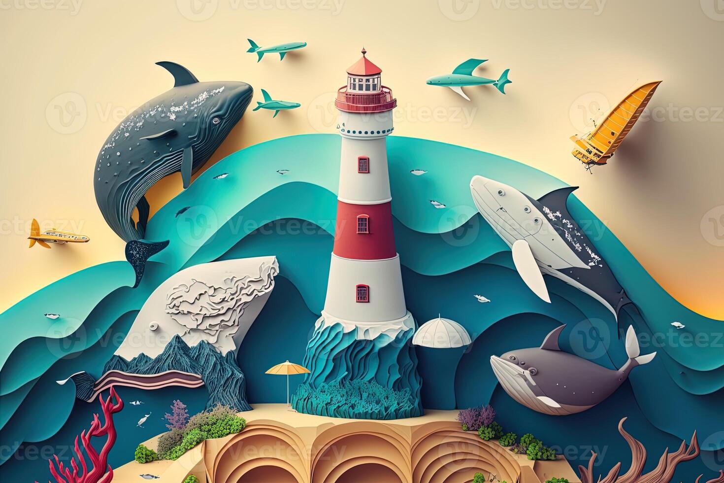 a top view paper art of Lighthouses and whales on the sea, sunny. Perfect for your project, texture, blog,gift paper, wrapping and environment. photo