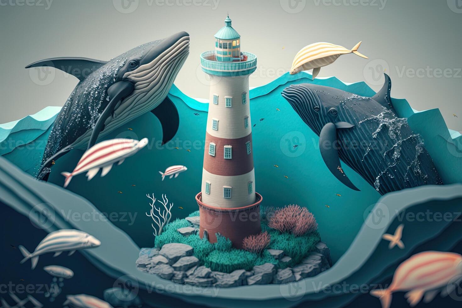 a top view paper art of Lighthouses and whales on the sea, sunny. Perfect for your project, texture, blog,gift paper, wrapping and environment. photo