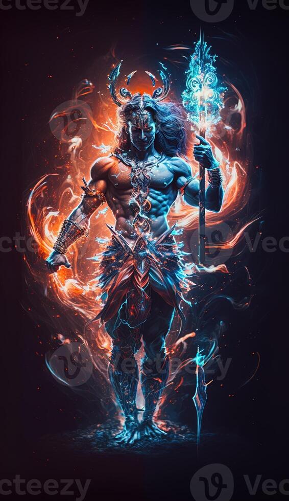 Hindu god Shiva, Colorful indian hindu God Shiva hand holding Trident. God Shiva epic pose with trishula, magic in hand for t-shirt print, poster - Hindu religious art. photo