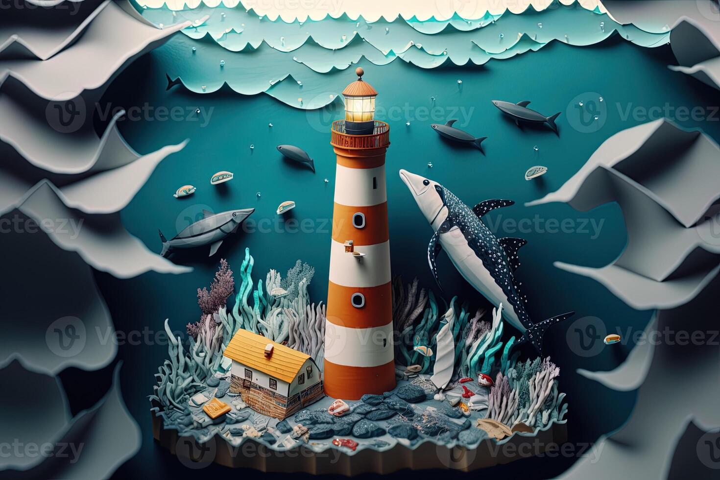 a top view paper art of Lighthouses and whales on the sea, sunny. Perfect for your project, texture, blog,gift paper, wrapping and environment. photo