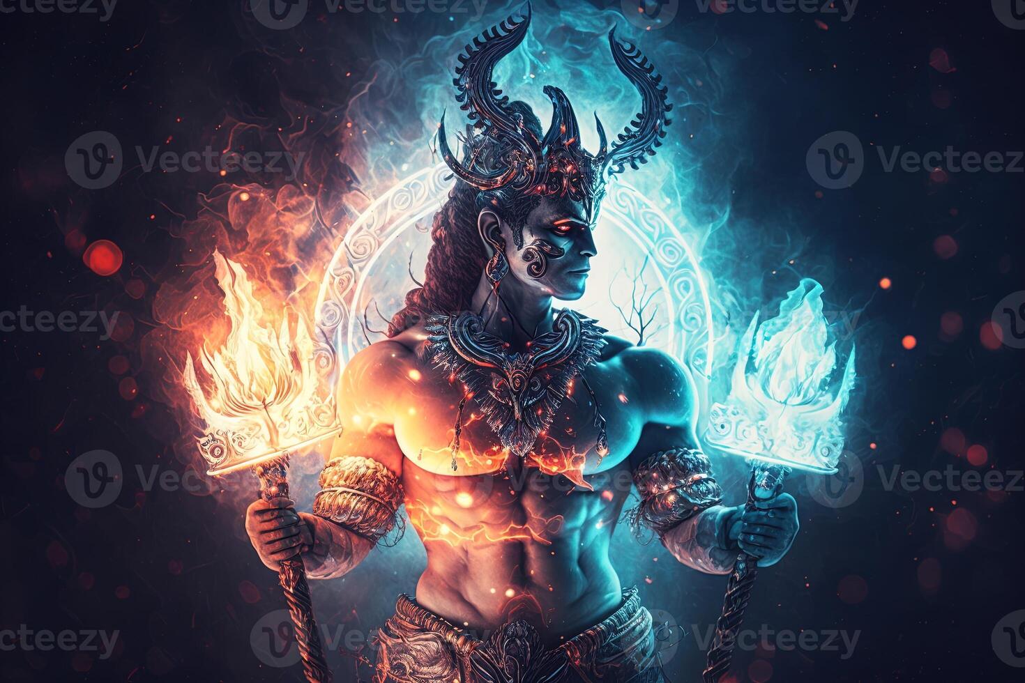 Hindu god Shiva, Colorful indian hindu God Shiva hand holding Trident. God Shiva epic pose with trishula, magic in hand for t-shirt print, poster - Hindu religious art. photo