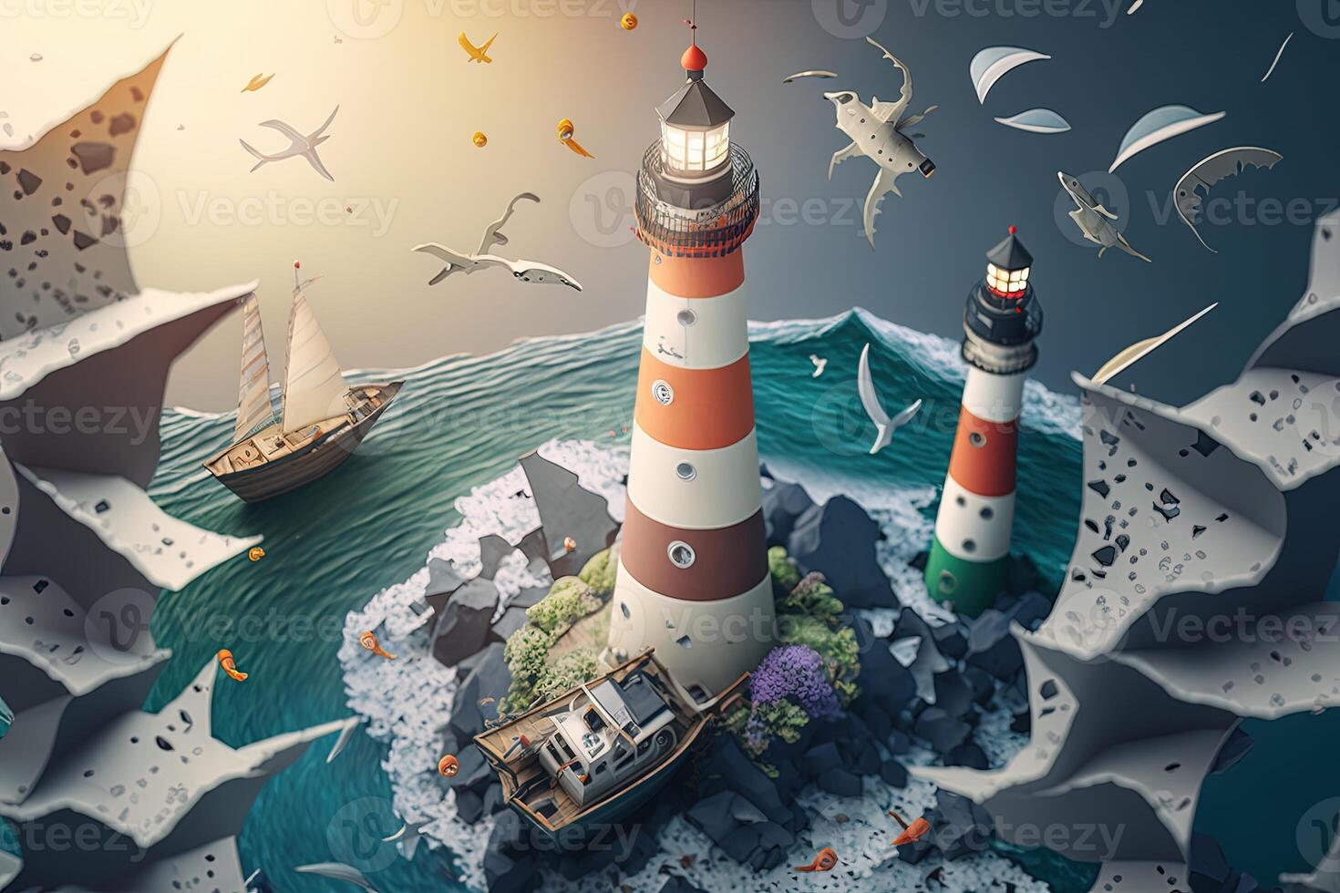 a top view paper art of Lighthouses and whales on the sea, sunny. Perfect for your project, texture, blog,gift paper, wrapping and environment. photo