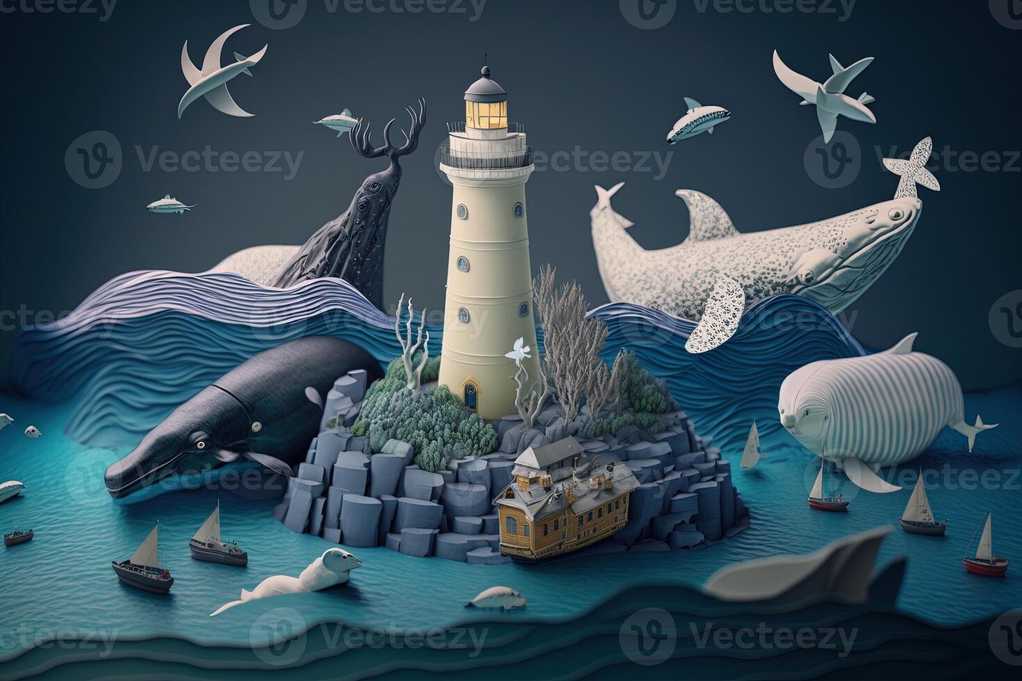 a top view paper art of Lighthouses and whales on the sea, sunny. Perfect for your project, texture, blog,gift paper, wrapping and environment. photo