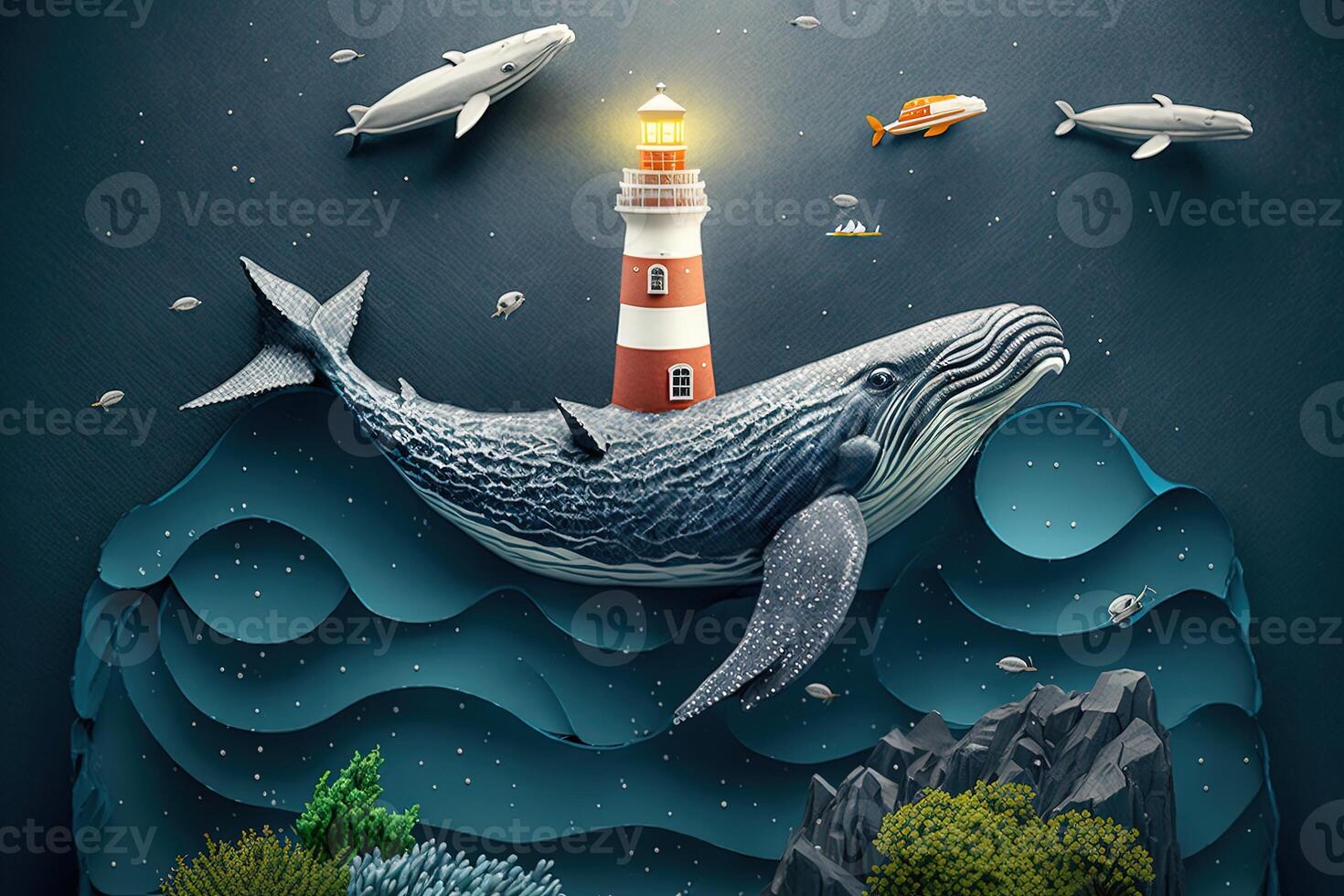 a top view paper art of Lighthouses and whales on the sea, sunny. Perfect for your project, texture, blog,gift paper, wrapping and environment. photo
