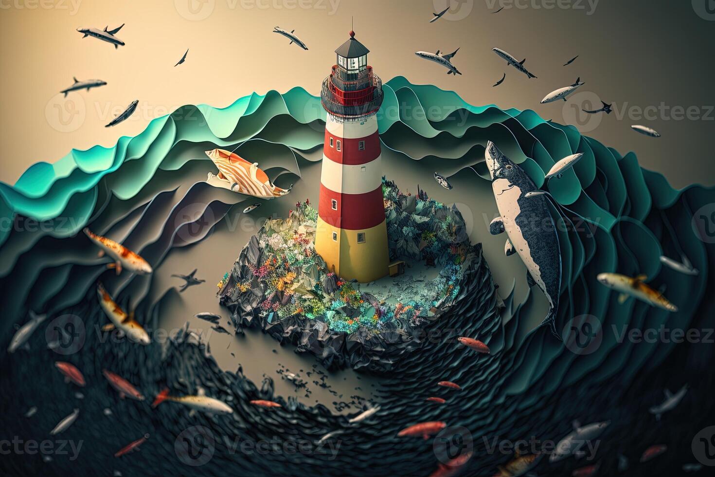 a top view paper art of Lighthouses and whales on the sea, sunny. Perfect for your project, texture, blog,gift paper, wrapping and environment. photo