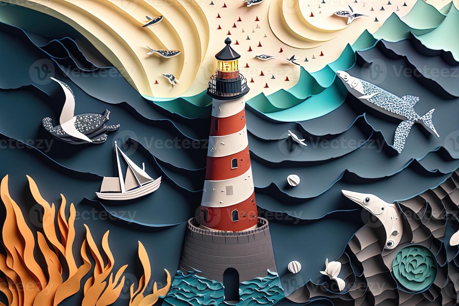 a top view paper art of Lighthouses and whales on the sea, sunny. Perfect for your project, texture, blog,gift paper, wrapping and environment. photo