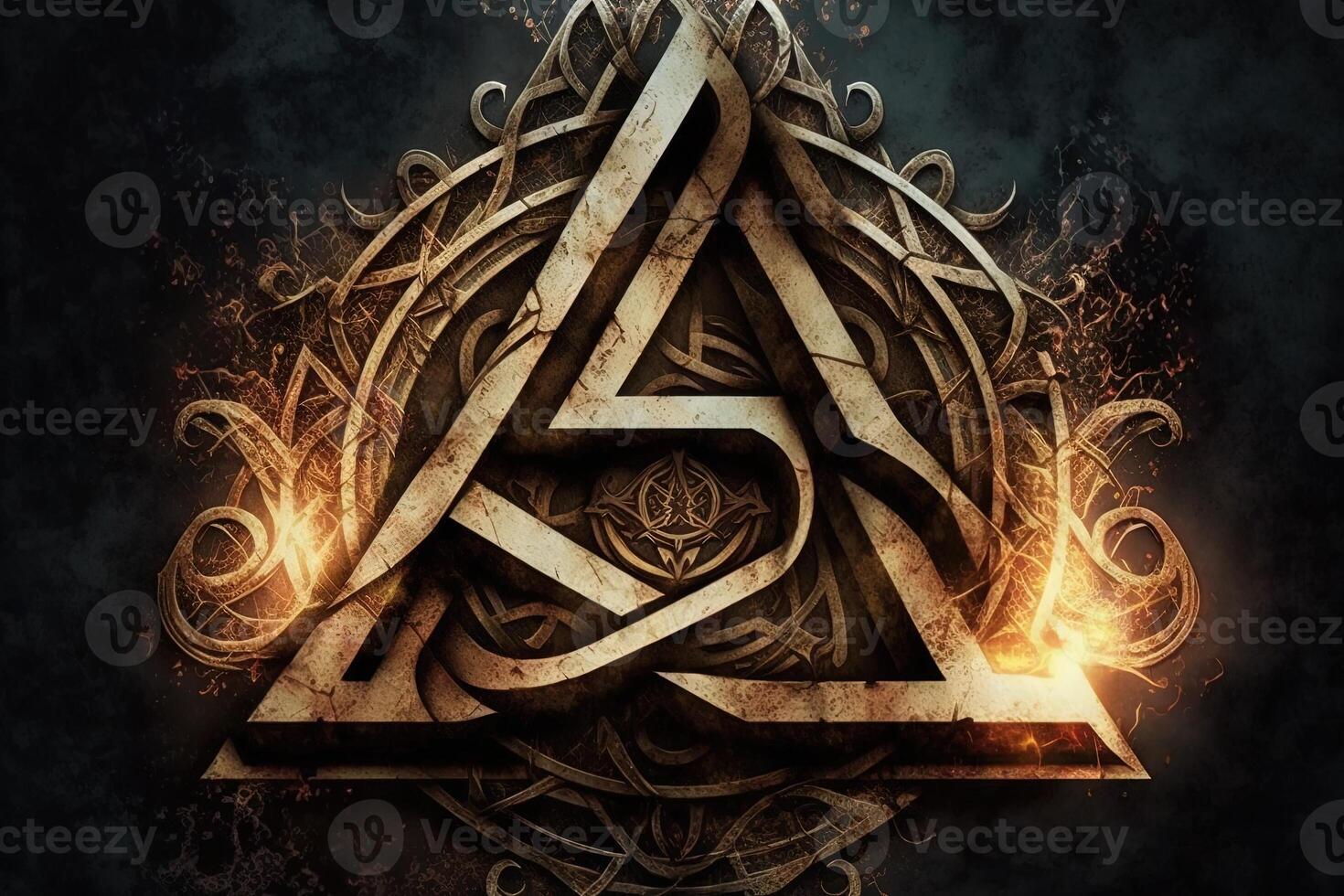 arcane symbol with effect of fire and ice. Magic symbol, Asgard symbol. Runes and triangle symbol with gold and metal color. photo