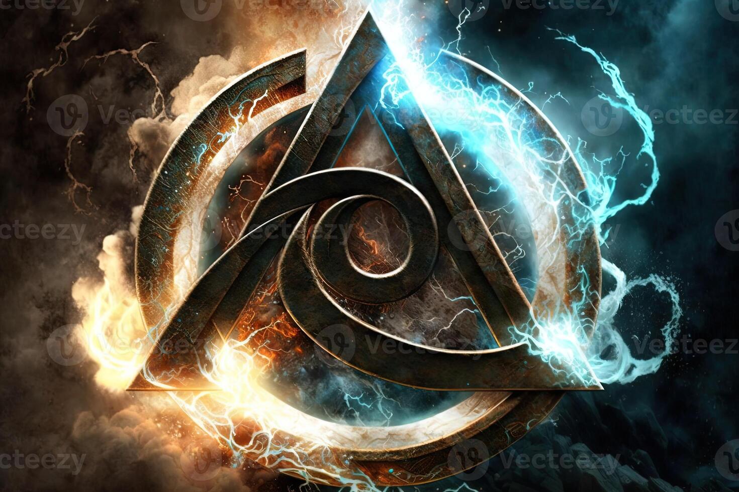 arcane symbol with effect of fire and ice. Magic symbol, Asgard symbol. Runes and triangle symbol with gold and metal color. photo