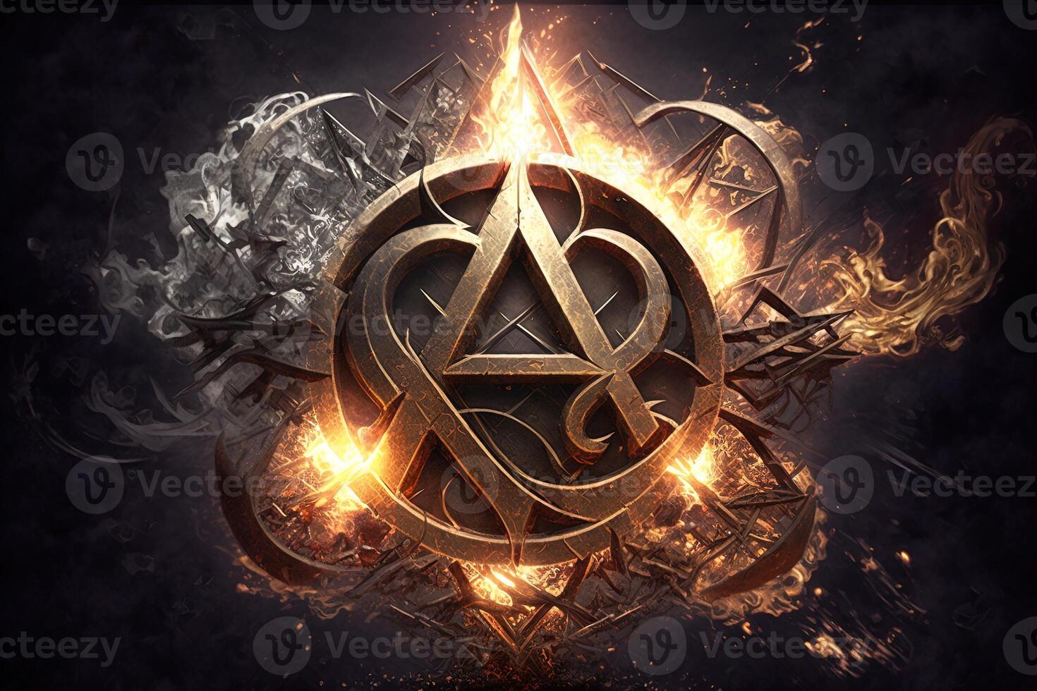 arcane symbol with effect of fire and ice. Magic symbol, Asgard symbol. Runes and triangle symbol with gold and metal color. photo