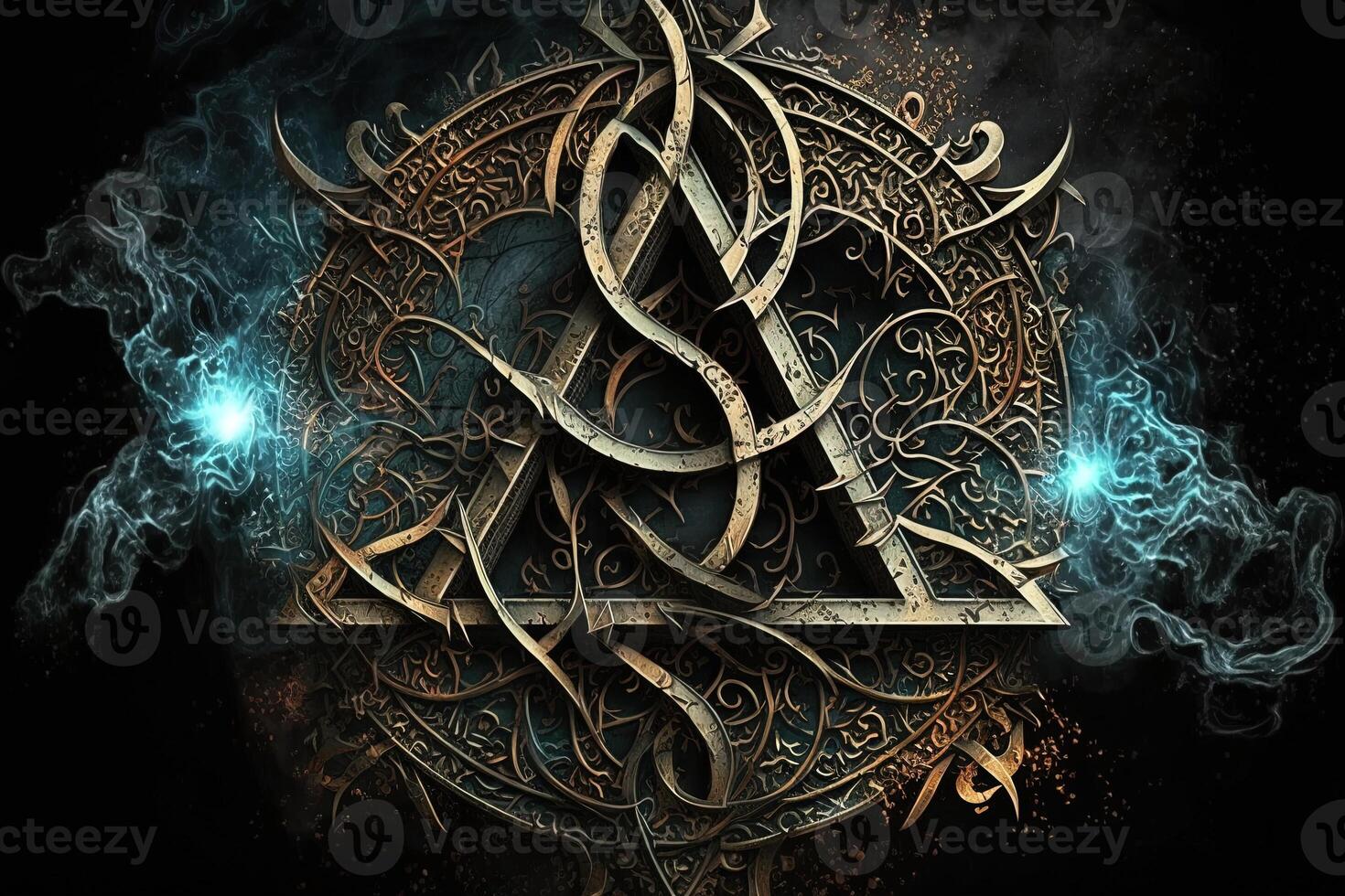 arcane symbol with effect of fire and ice. Magic symbol, Asgard symbol. Runes and triangle symbol with gold and metal color. photo