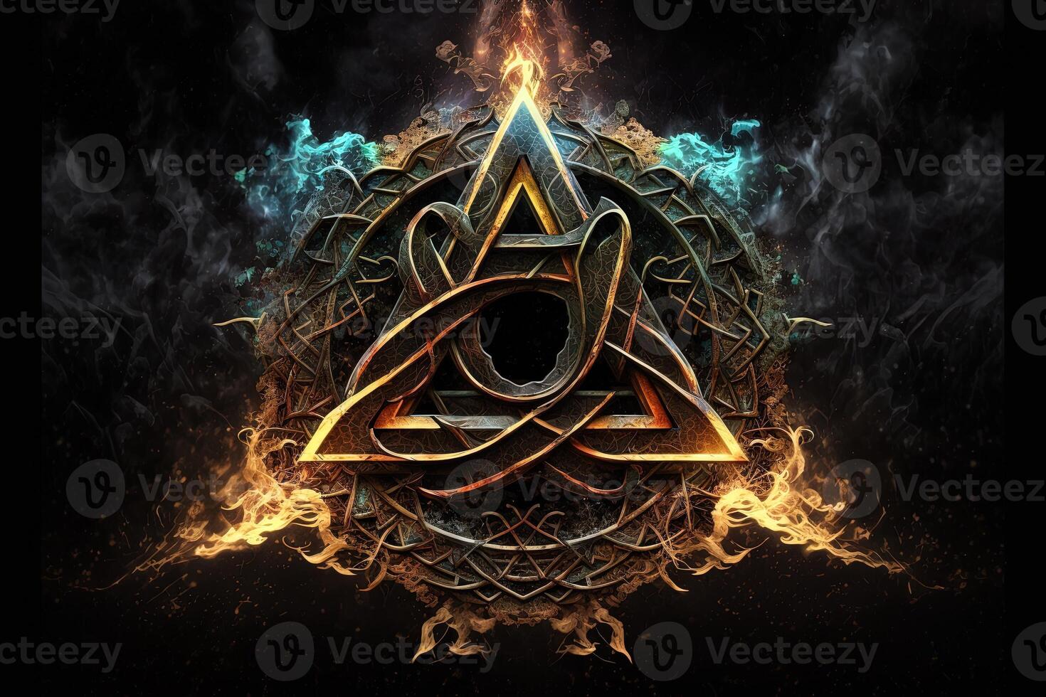 arcane symbol with effect of fire and ice. Magic symbol, Asgard symbol. Runes and triangle symbol with gold and metal color. photo