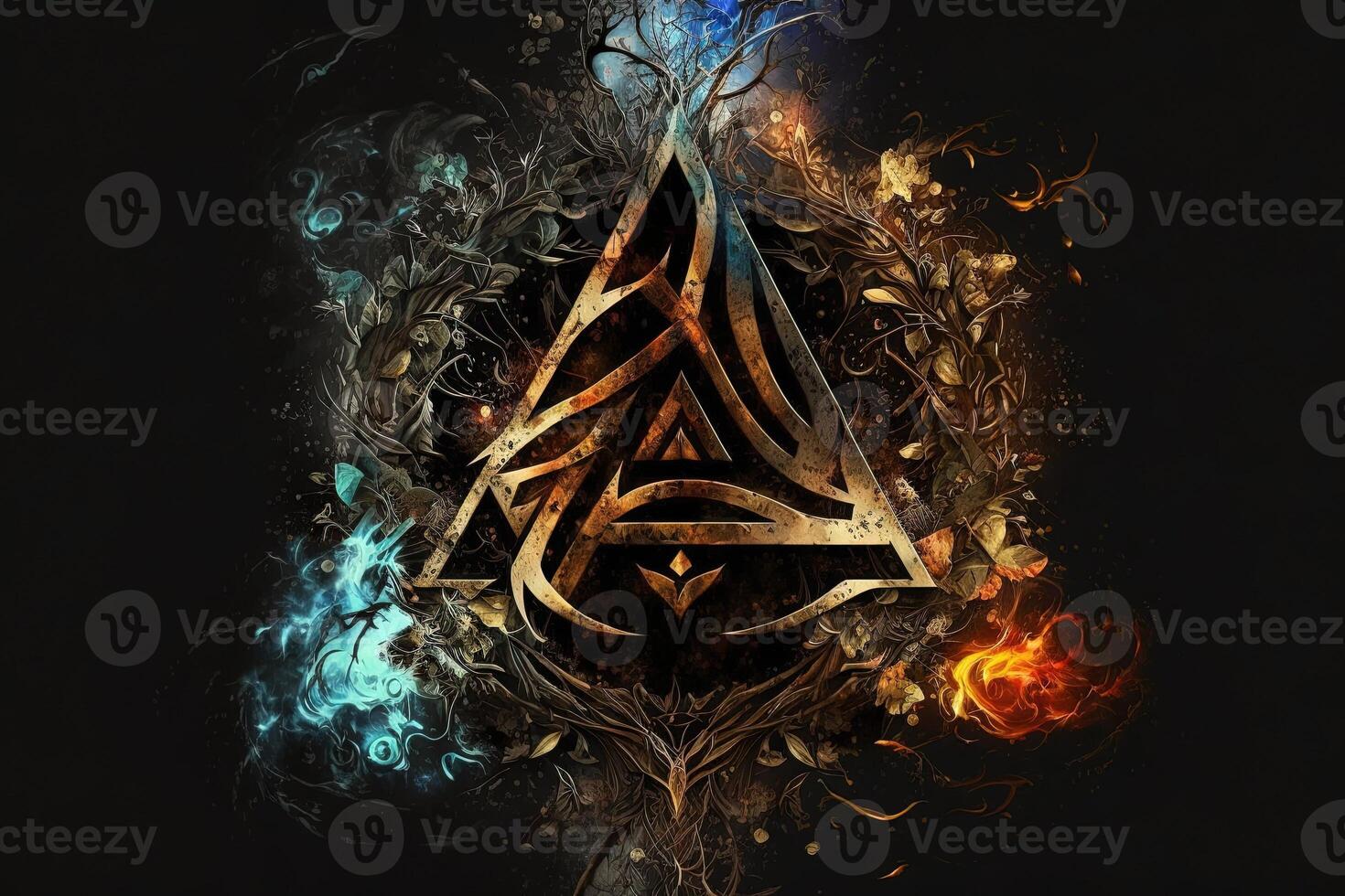 arcane symbol with effect of fire and ice. Magic symbol, Asgard symbol. Runes and triangle symbol with gold and metal color. photo