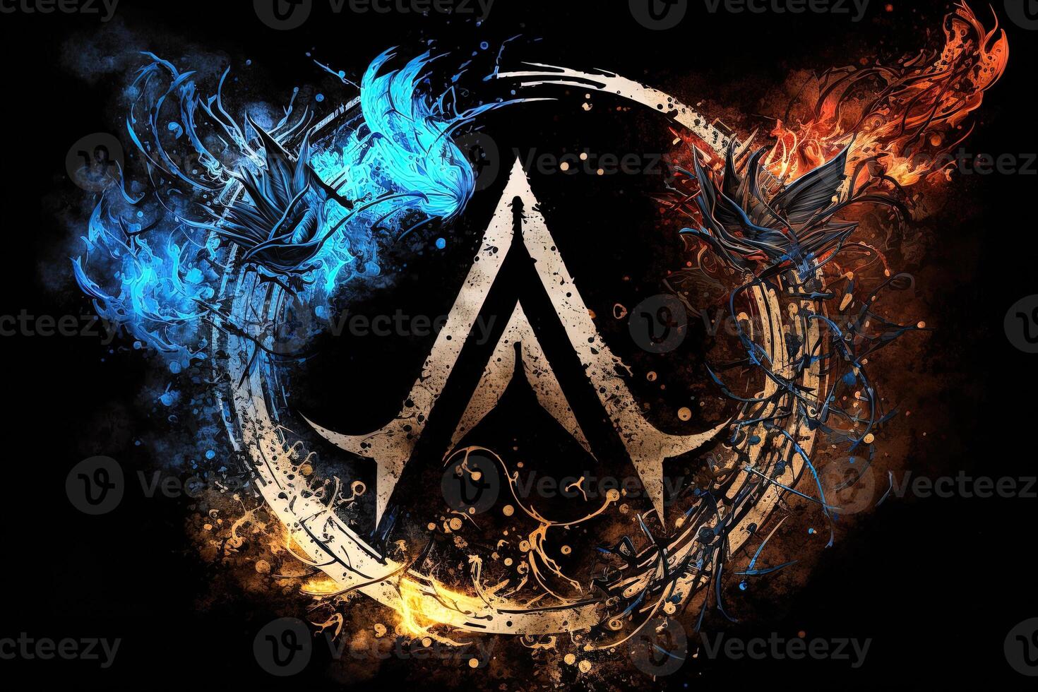 arcane symbol with effect of fire and ice. Magic symbol, Asgard symbol. Runes and triangle symbol with gold and metal color. photo