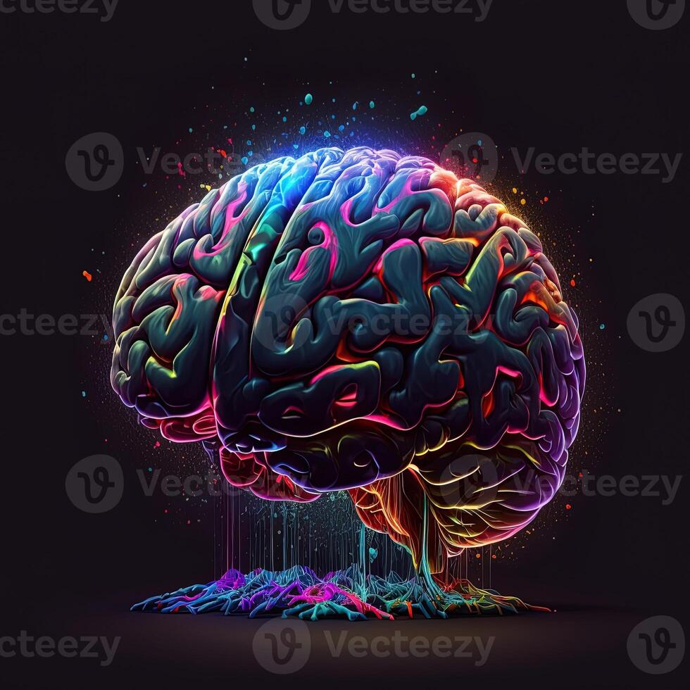 brain art NFT neon and cyberpunk color, holography, cosmic background, Glowing Digital Brain Ai Intelligence Forming Digitized Neurons Artificial Intelligence Art Algorithm. photo