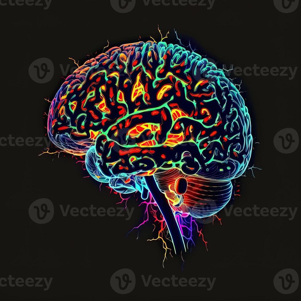 brain art NFT neon and cyberpunk color, holography, cosmic background, Glowing Digital Brain Ai Intelligence Forming Digitized Neurons Artificial Intelligence Art Algorithm. photo