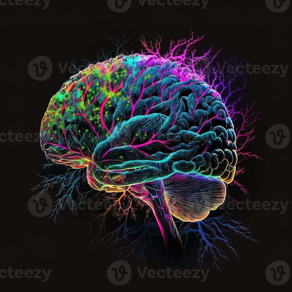 brain art NFT neon and cyberpunk color, holography, cosmic background, Glowing Digital Brain Ai Intelligence Forming Digitized Neurons Artificial Intelligence Art Algorithm. photo