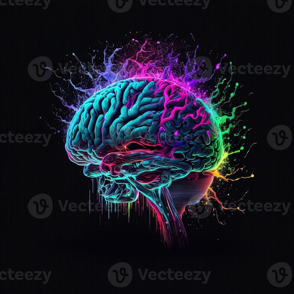 brain art NFT neon and cyberpunk color, holography, cosmic background, Glowing Digital Brain Ai Intelligence Forming Digitized Neurons Artificial Intelligence Art Algorithm. photo