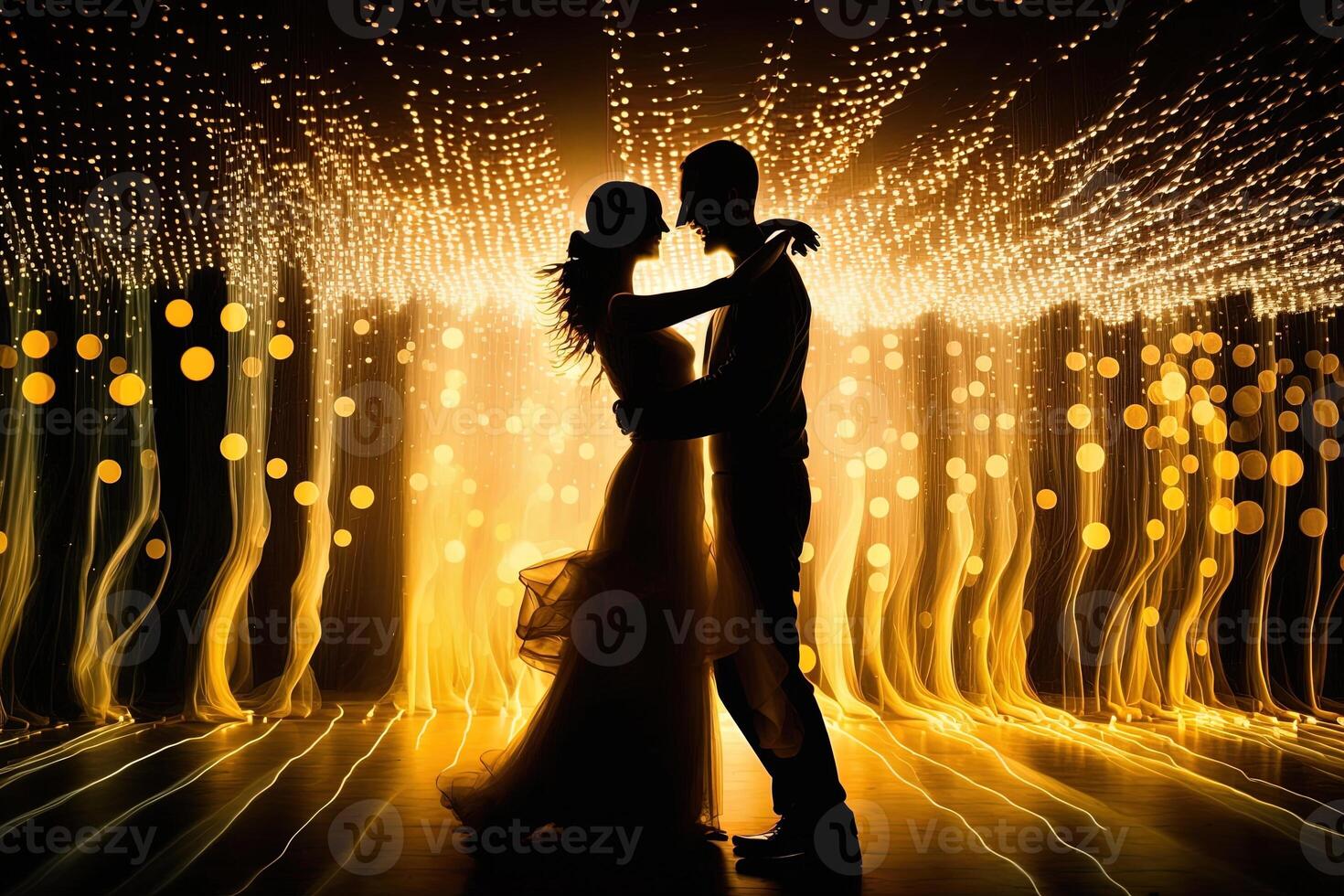 silueta Pareja bailes en frente de un pared de luces, ejemplificando el energía y pasión en su relación, generativo ai, enamorado concepto. foto