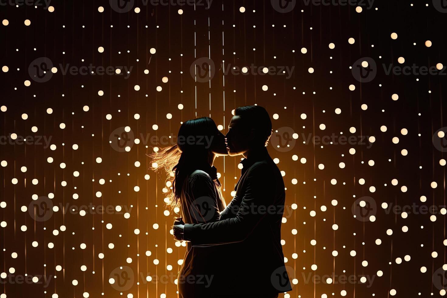 Silhouette couple dances in front of a wall of lights, exemplifying the energy and passion in their relationship, , valentine concept. photo