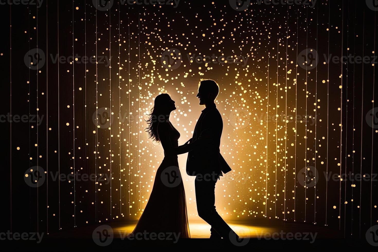 Silhouette couple dances in front of a wall of lights, exemplifying the energy and passion in their relationship, , valentine concept. photo