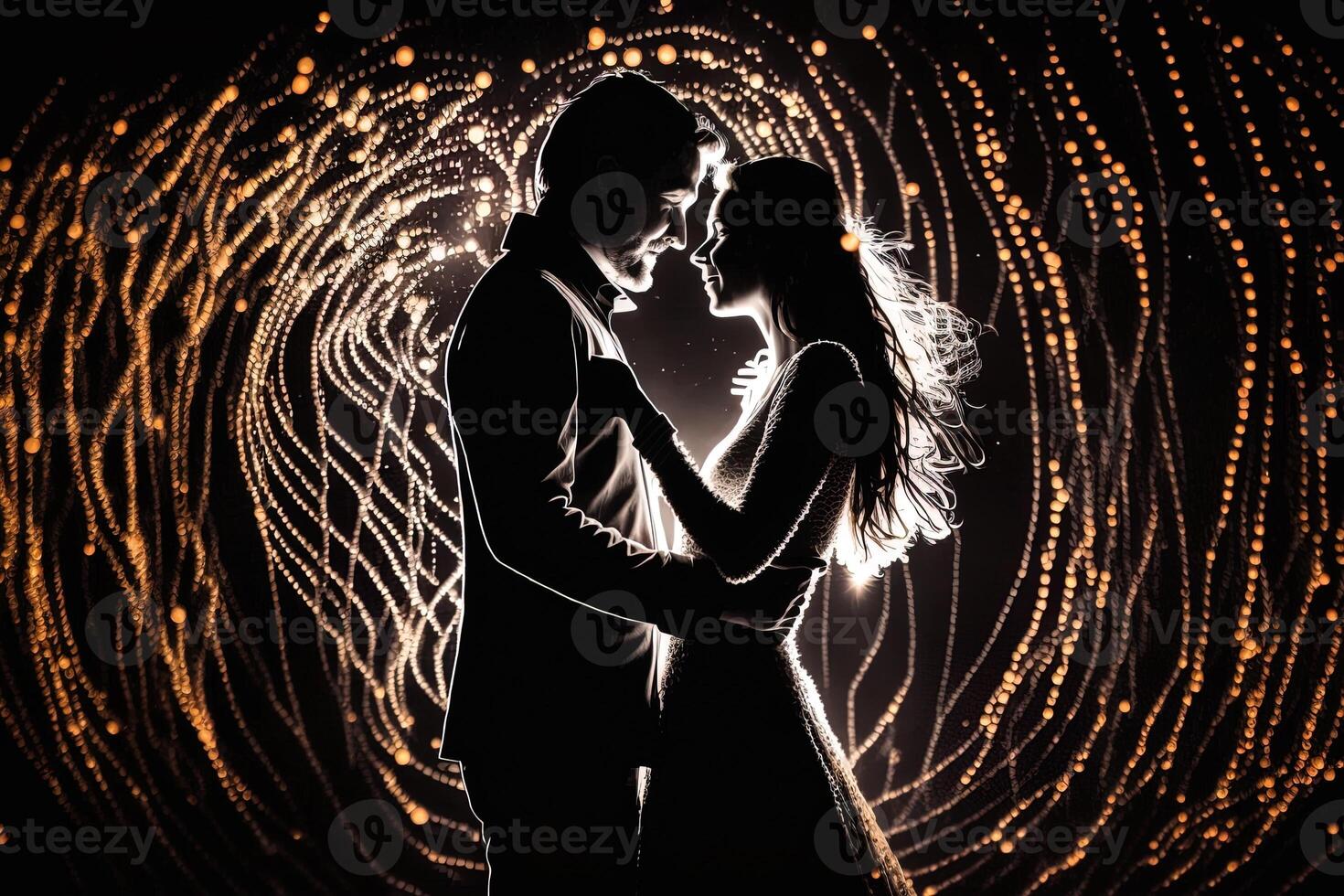 Silhouette couple dances in front of a wall of lights, exemplifying the energy and passion in their relationship, , valentine concept. photo