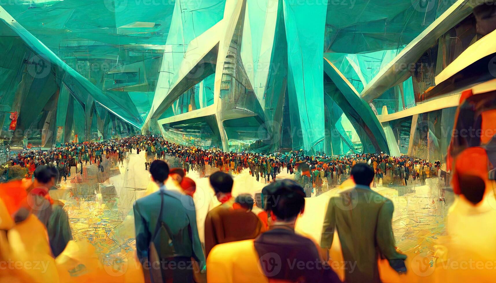Crowded with many pedestrians, highly angled, highly geometric futuristic architecture. Futuristic eco cityscape creative concept illustration photo